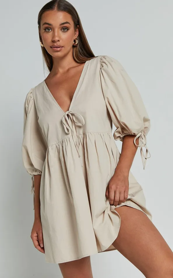 Showpo Rosita Mini Dress 8211 Tie Front Puff Sleeve Dress In Stone Women Dresses Showpo Rosita Mini Dress 8211 Tie Front Puff Sleeve Dress In Stone Women Dresses