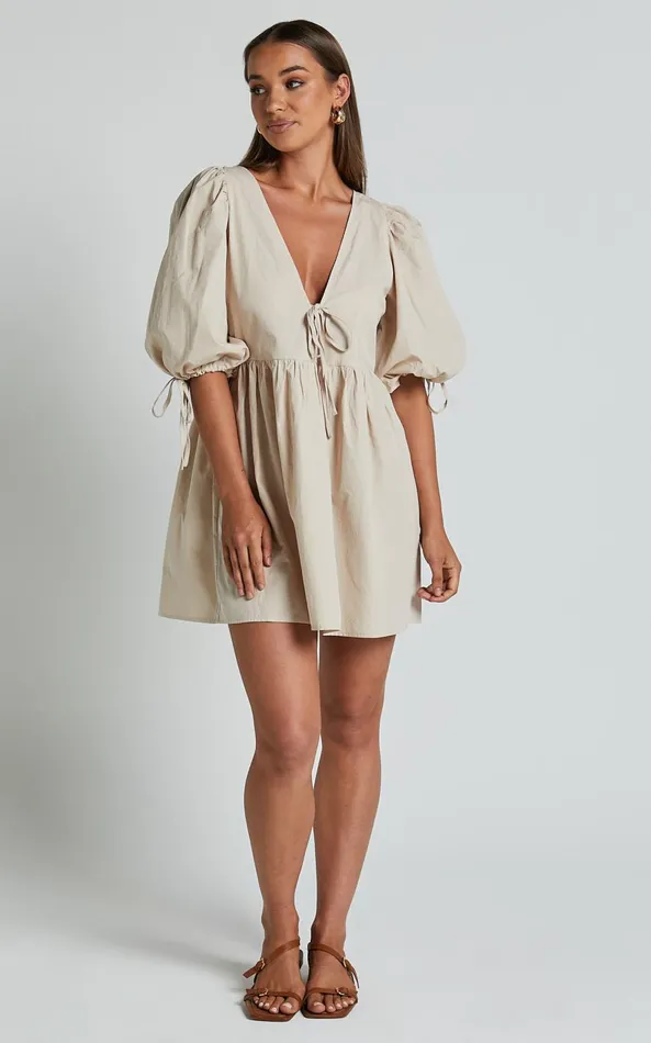 Showpo Rosita Mini Dress 8211 Tie Front Puff Sleeve Dress In Stone Women Dresses