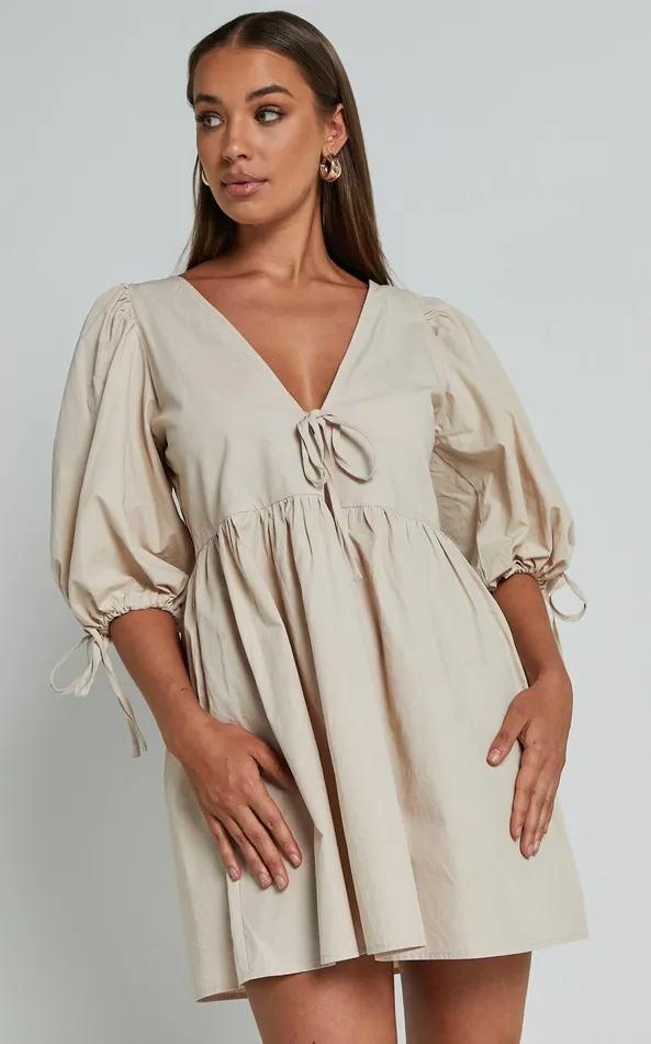 Showpo Rosita Mini Dress 8211 Tie Front Puff Sleeve Dress In Stone Women Dresses
