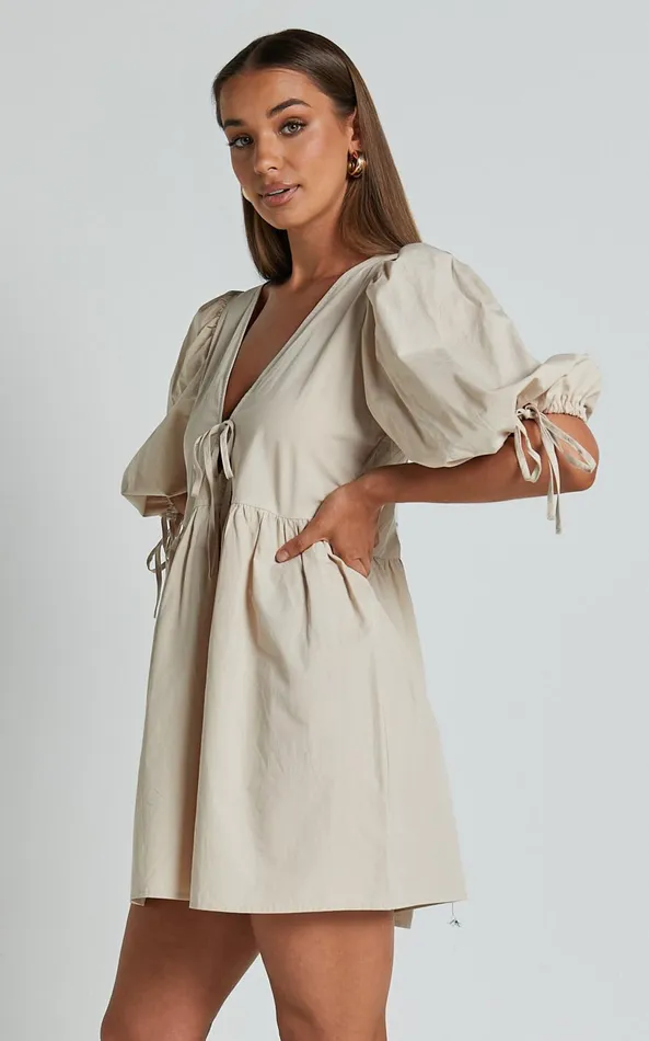 Showpo Rosita Mini Dress 8211 Tie Front Puff Sleeve Dress In Stone Women Dresses