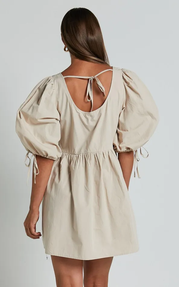 Showpo Rosita Mini Dress 8211 Tie Front Puff Sleeve Dress In Stone Women Dresses