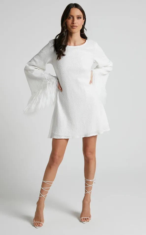 Showpo Rowella Mini Dress 8211 Faux Feather Bell Sleeve Dress In White Women Dresses Showpo Rowella Mini Dress 8211 Faux Feather Bell Sleeve Dress In White Women Dresses