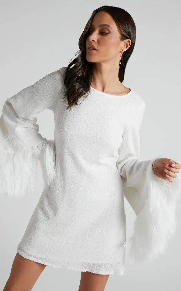 Showpo Rowella Mini Dress 8211 Faux Feather Bell Sleeve Dress In White Women Dresses