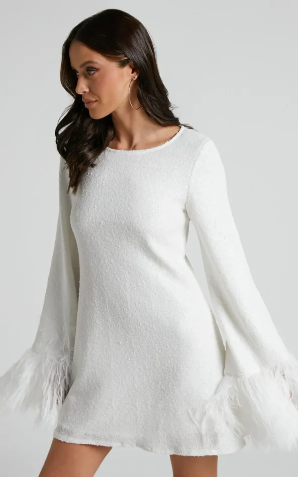 Showpo Rowella Mini Dress 8211 Faux Feather Bell Sleeve Dress In White Women Dresses