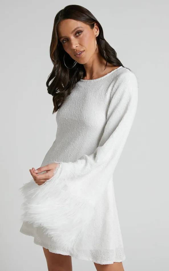 Showpo Rowella Mini Dress 8211 Faux Feather Bell Sleeve Dress In White Women Dresses