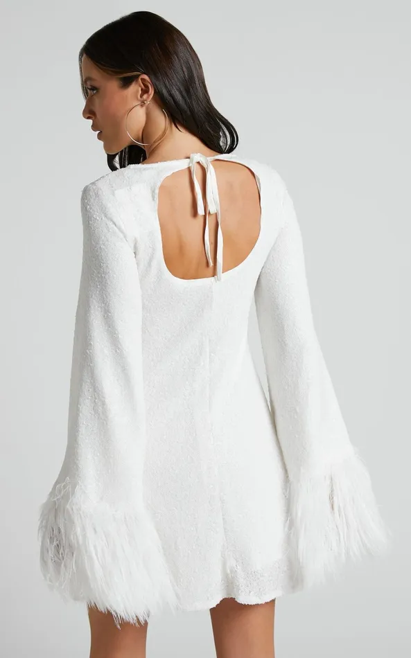 Showpo Rowella Mini Dress 8211 Faux Feather Bell Sleeve Dress In White Women Dresses