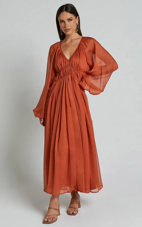Showpo Roxanna Maxi Dress 8211 Long Sleeve Ruched Waist Dress In Rust Women Dresses Showpo Roxanna Maxi Dress 8211 Long Sleeve Ruched Waist Dress In Rust Women Dresses