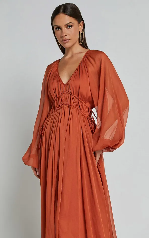 Showpo Roxanna Maxi Dress 8211 Long Sleeve Ruched Waist Dress In Rust Women Dresses
