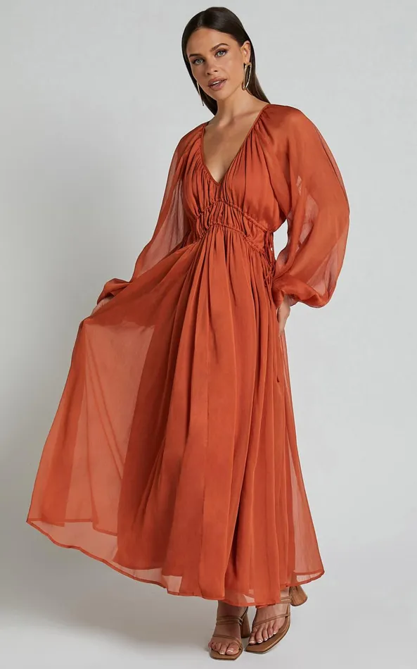 Showpo Roxanna Maxi Dress 8211 Long Sleeve Ruched Waist Dress In Rust Women Dresses