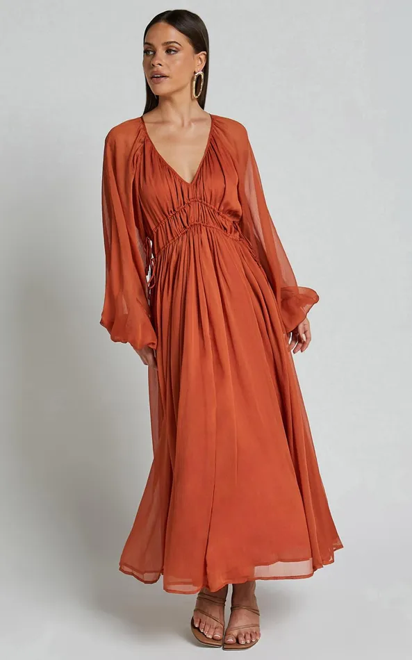 Showpo Roxanna Maxi Dress 8211 Long Sleeve Ruched Waist Dress In Rust Women Dresses