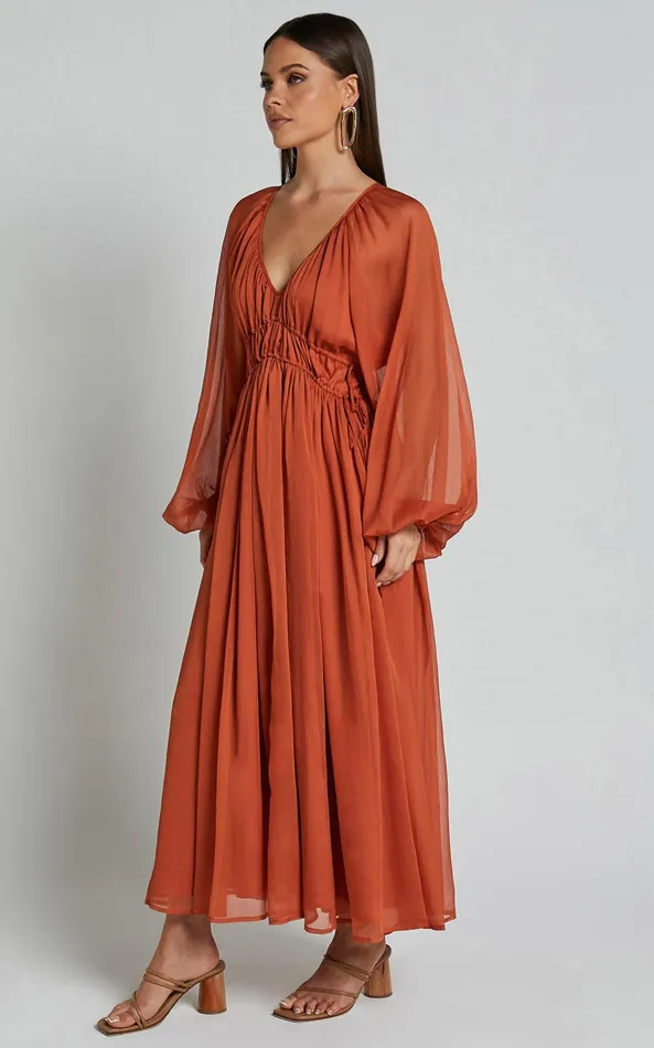 Showpo Roxanna Maxi Dress 8211 Long Sleeve Ruched Waist Dress In Rust Women Dresses