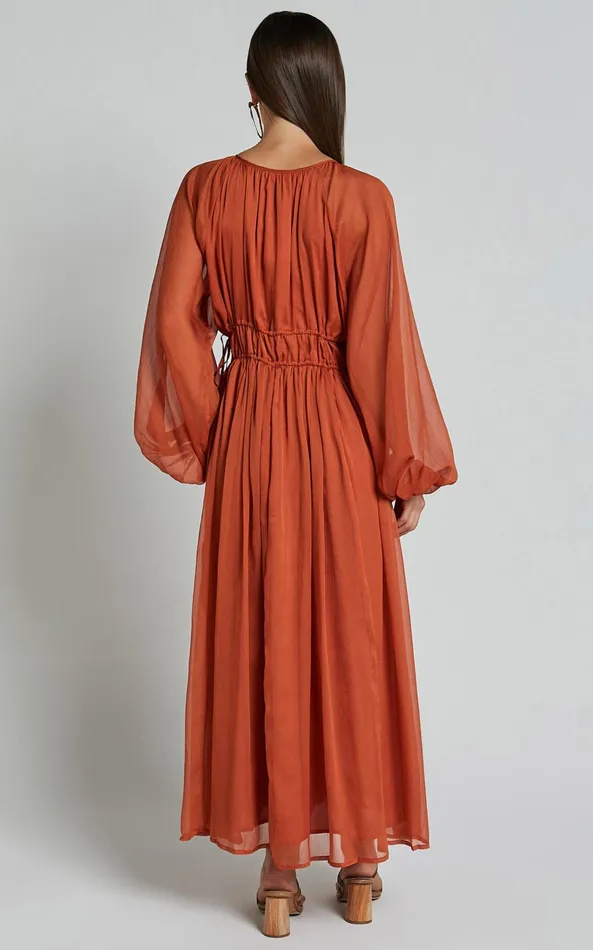 Showpo Roxanna Maxi Dress 8211 Long Sleeve Ruched Waist Dress In Rust Women Dresses