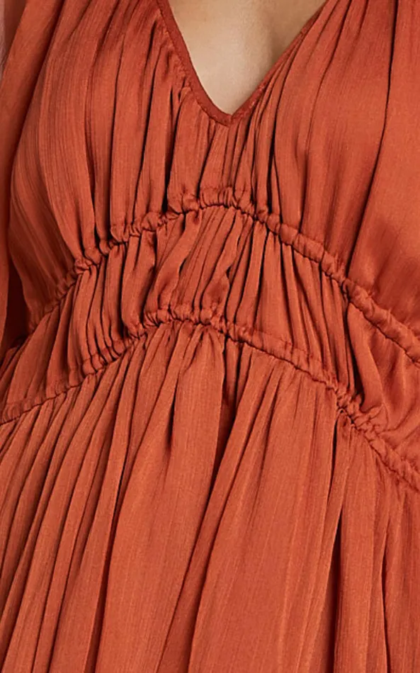 Showpo Roxanna Maxi Dress 8211 Long Sleeve Ruched Waist Dress In Rust Women Dresses