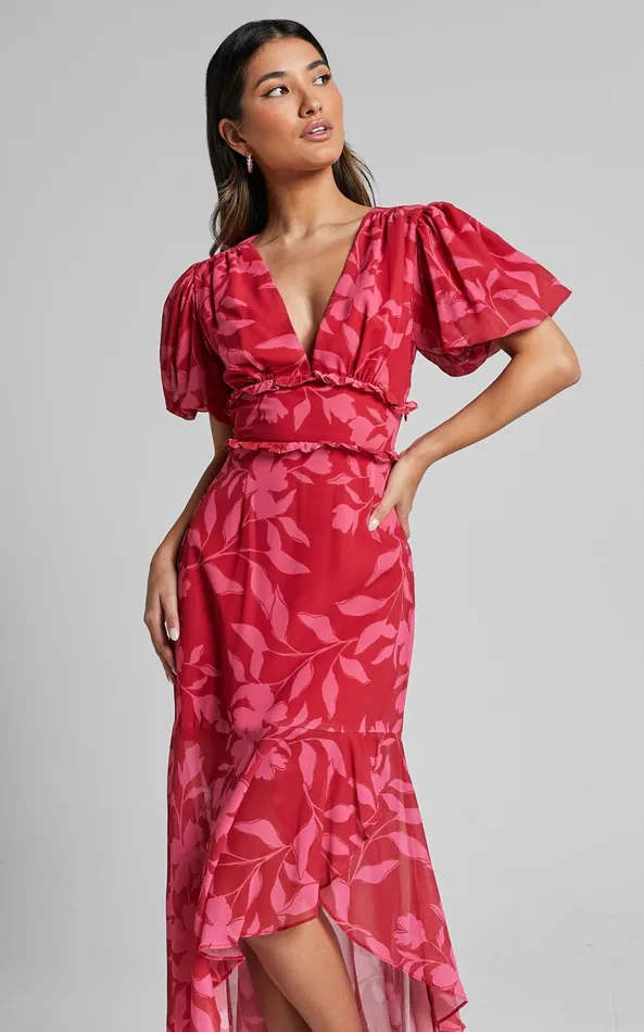 Showpo Rozannie Midi Dress 8211 V Neck Puff Sleeve Frill Hem Dress In Havana Silhouette Floral Women Dresses Showpo Rozannie Midi Dress 8211 V Neck Puff Sleeve Frill Hem Dress In Havana Silhouette Floral Women Dresses