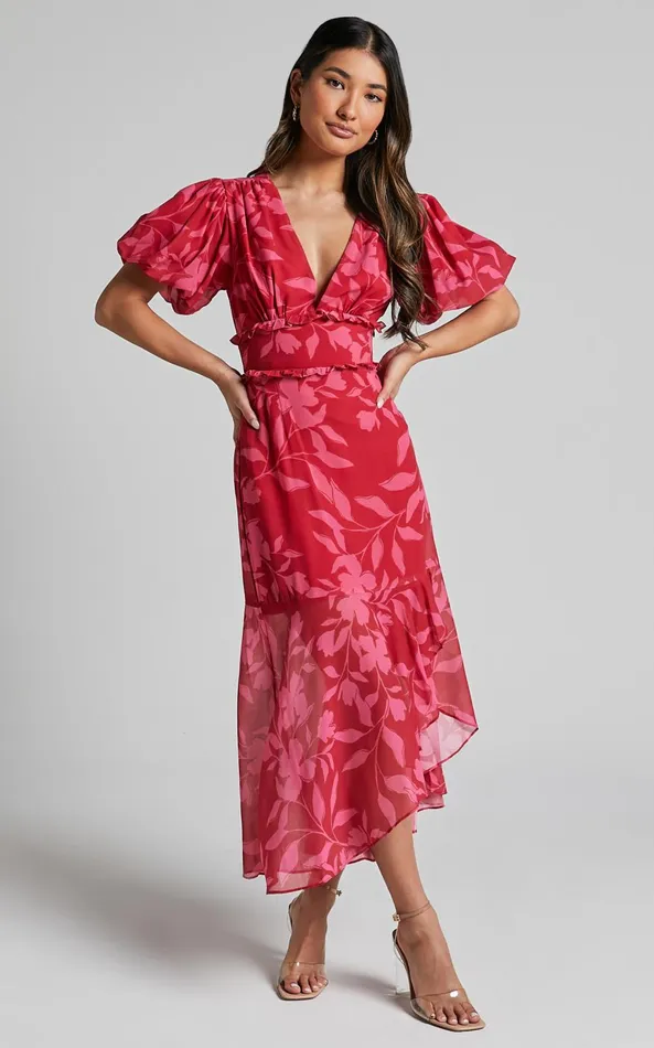 Showpo Rozannie Midi Dress 8211 V Neck Puff Sleeve Frill Hem Dress In Havana Silhouette Floral Women Dresses