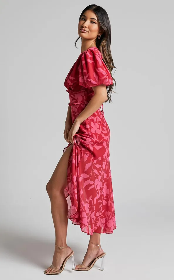 Showpo Rozannie Midi Dress 8211 V Neck Puff Sleeve Frill Hem Dress In Havana Silhouette Floral Women Dresses