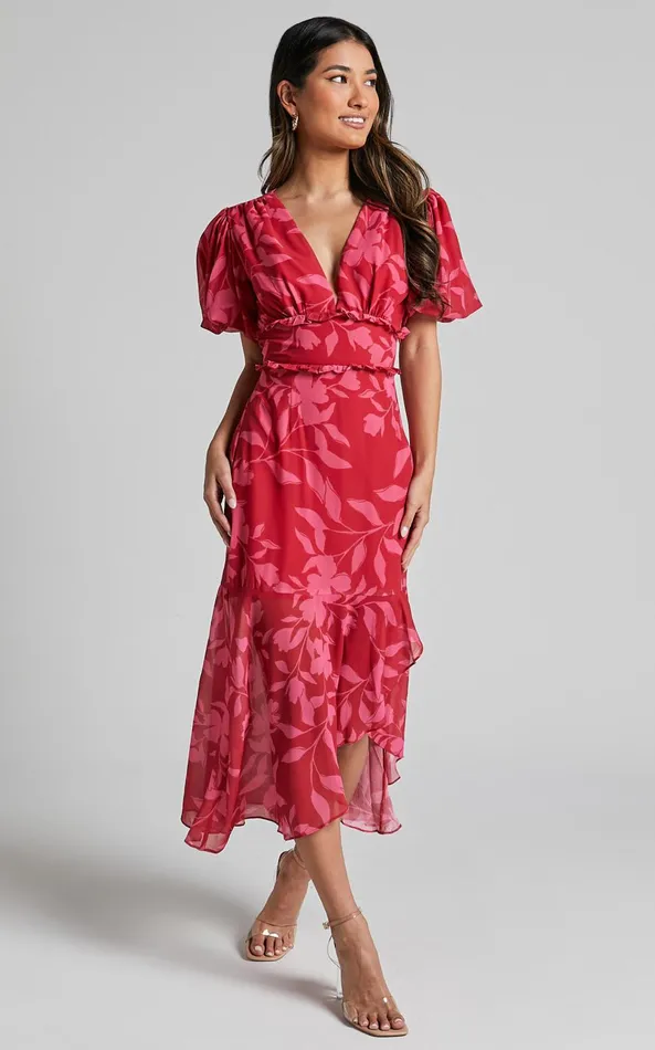 Showpo Rozannie Midi Dress 8211 V Neck Puff Sleeve Frill Hem Dress In Havana Silhouette Floral Women Dresses