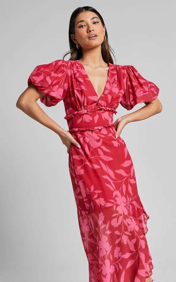 Showpo Rozannie Midi Dress 8211 V Neck Puff Sleeve Frill Hem Dress In Havana Silhouette Floral Women Dresses