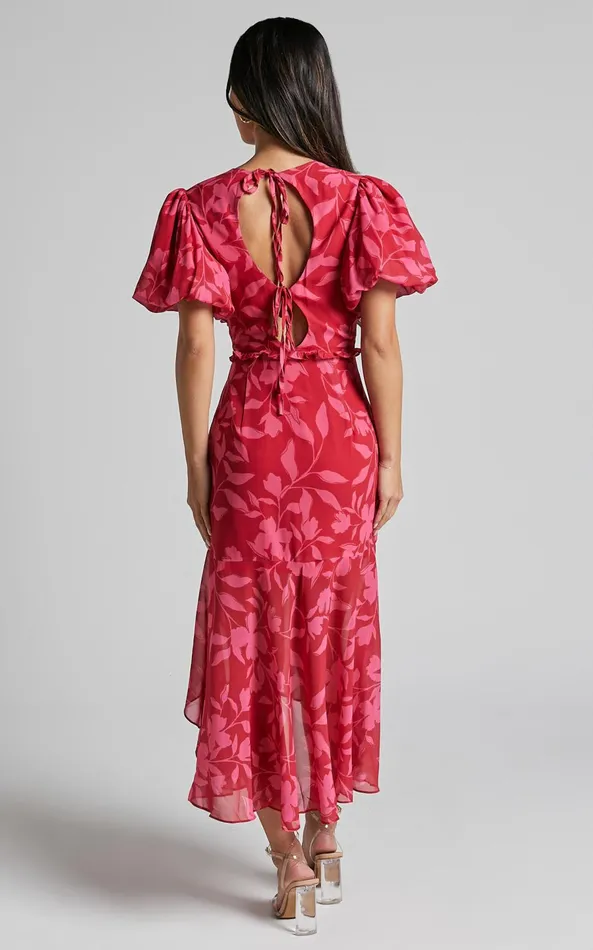 Showpo Rozannie Midi Dress 8211 V Neck Puff Sleeve Frill Hem Dress In Havana Silhouette Floral Women Dresses