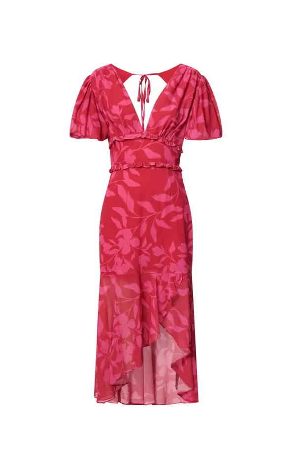 Showpo Rozannie Midi Dress 8211 V Neck Puff Sleeve Frill Hem Dress In Havana Silhouette Floral Women Dresses