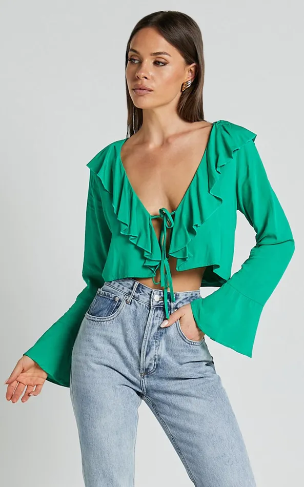 Showpo Rumina Top 8211 Long Sleeve Top In Green Women Curve Clothes
