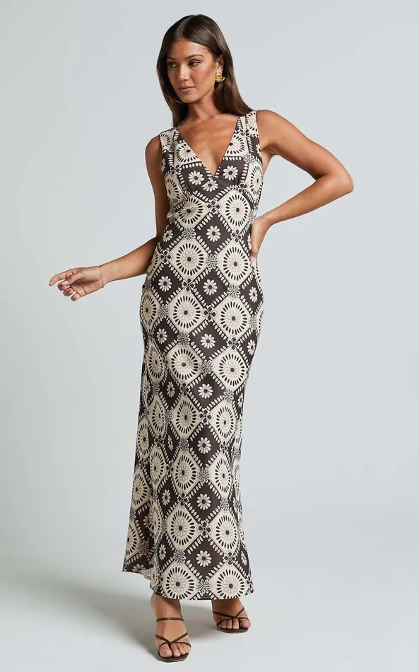 Showpo Ryhana Midi Dress 8211 Deep V Nick Sleeveless Slip Dress In Brown and Cream Geo Women Dresses Showpo Ryhana Midi Dress 8211 Deep V Nick Sleeveless Slip Dress In Brown and Cream Geo Women Dresses