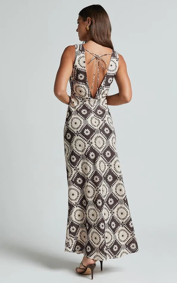 Showpo Ryhana Midi Dress 8211 Deep V Nick Sleeveless Slip Dress In Brown and Cream Geo Women Dresses