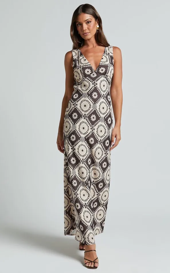 Showpo Ryhana Midi Dress 8211 Deep V Nick Sleeveless Slip Dress In Brown and Cream Geo Women Dresses