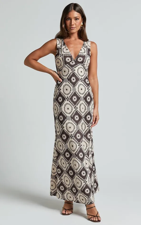 Showpo Ryhana Midi Dress 8211 Deep V Nick Sleeveless Slip Dress In Brown and Cream Geo Women Dresses