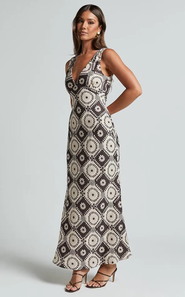 Showpo Ryhana Midi Dress 8211 Deep V Nick Sleeveless Slip Dress In Brown and Cream Geo Women Dresses