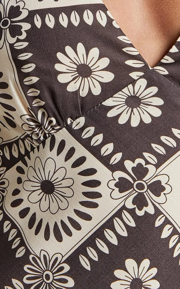 Showpo Ryhana Midi Dress 8211 Deep V Nick Sleeveless Slip Dress In Brown and Cream Geo Women Dresses