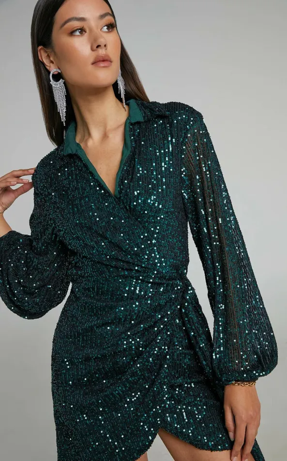 Showpo Ryrah Mini Dress 8211 Sequin Long Sleeve Wrap Dress In Emerald Women Dresses