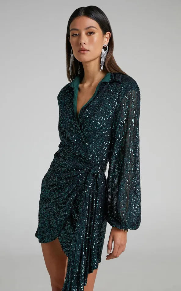 Showpo Ryrah Mini Dress 8211 Sequin Long Sleeve Wrap Dress In Emerald Women Dresses