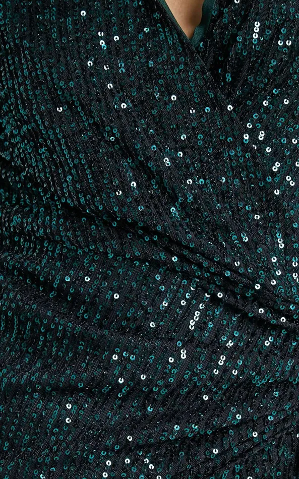 Showpo Ryrah Mini Dress 8211 Sequin Long Sleeve Wrap Dress In Emerald Women Dresses