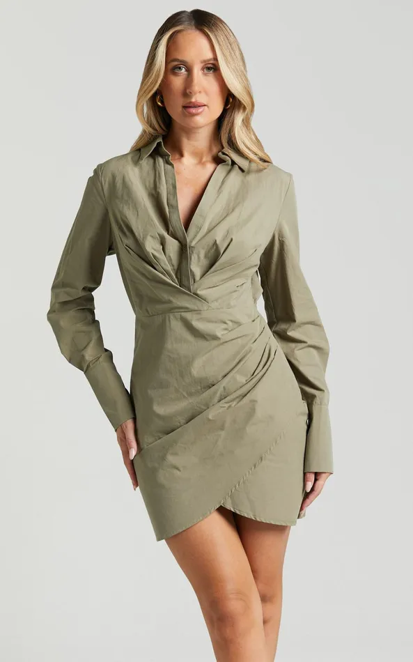 Showpo Ryzza Mini Dress 8211 Long Sleeve Wrap Skirt Shirt Dress In Olive Women Dresses