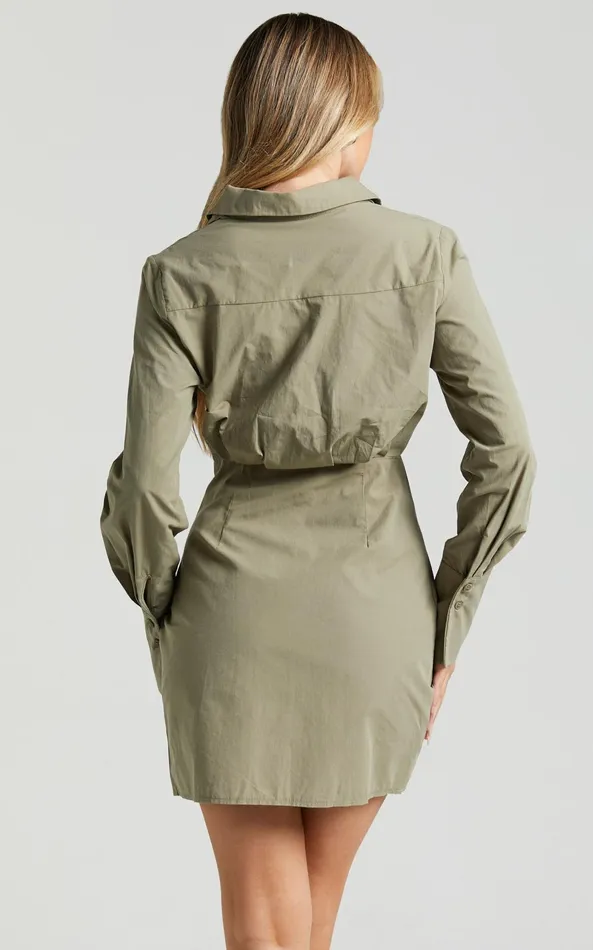 Showpo Ryzza Mini Dress 8211 Long Sleeve Wrap Skirt Shirt Dress In Olive Women Dresses