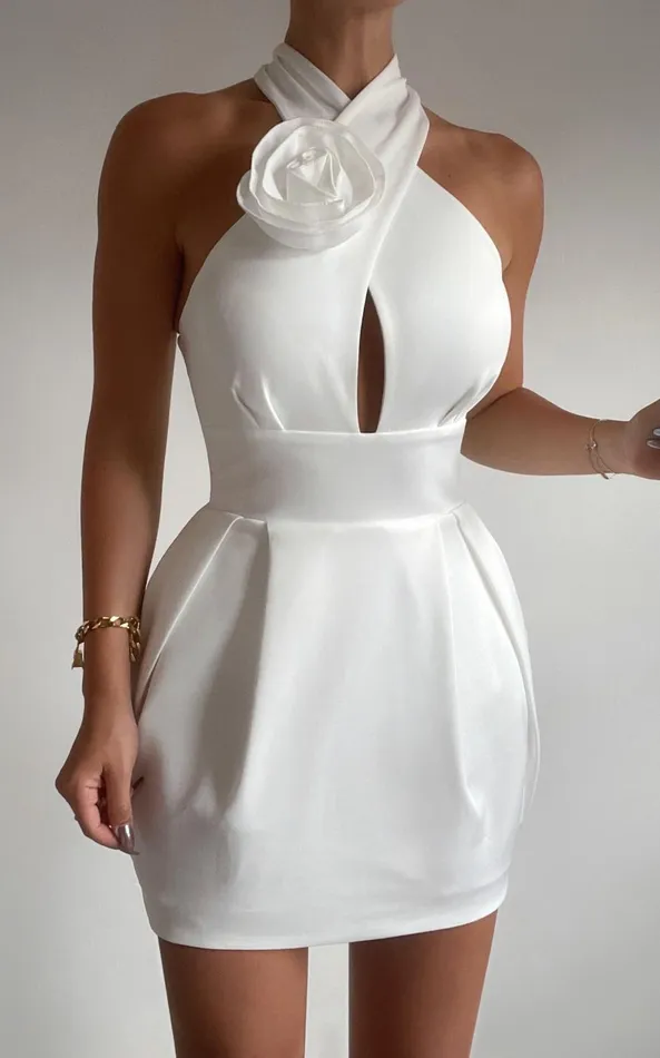 Showpo Sabatine Mini Dress 8211 Halter Tie Neck Rosette Detail In White Women Dresses