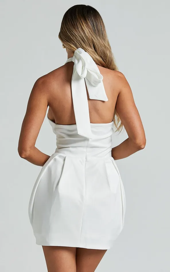 Showpo Sabatine Mini Dress 8211 Halter Tie Neck Rosette Detail In White Women Dresses