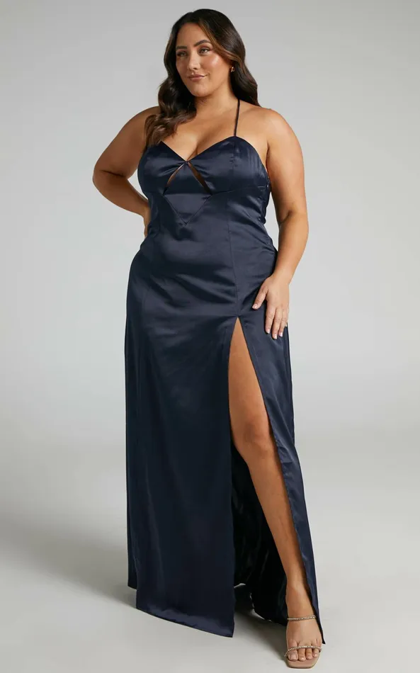 Showpo Sabattus Midi Dress 8211 Cut Out T Back Satin Dress In Navy Women Dresses