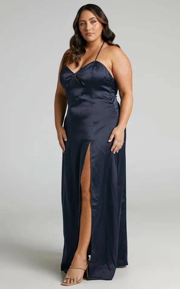 Showpo Sabattus Midi Dress 8211 Cut Out T Back Satin Dress In Navy Women Dresses