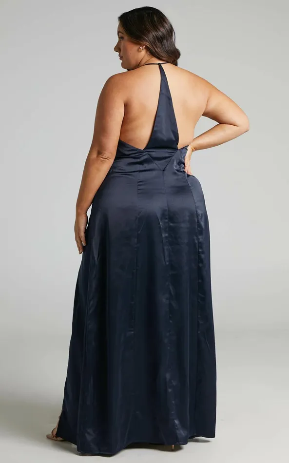 Showpo Sabattus Midi Dress 8211 Cut Out T Back Satin Dress In Navy Women Dresses