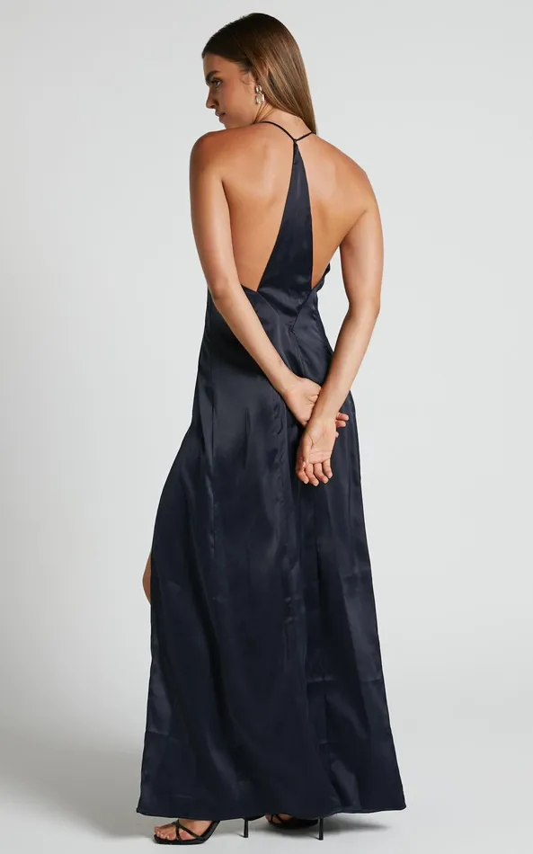 Showpo Sabattus Midi Dress 8211 Cut Out T Back Satin Dress In Navy Women Dresses