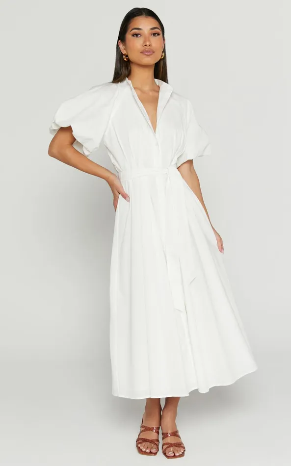 Showpo Sabrina Midi Dress 8211 Linen Look Raglan Sleeve Belted Dress In White Women Curve Clothes
