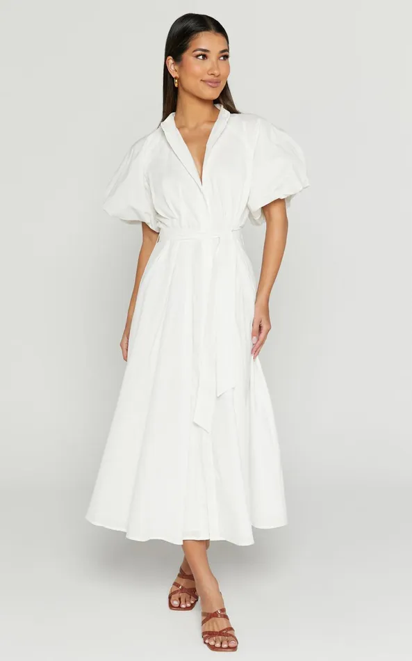 Showpo Sabrina Midi Dress 8211 Linen Look Raglan Sleeve Belted Dress In White Women Curve Clothes