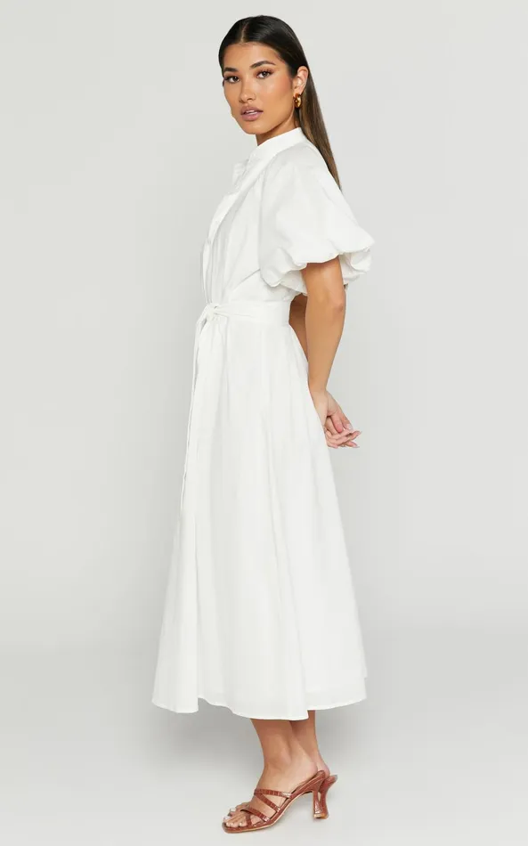 Showpo Sabrina Midi Dress 8211 Linen Look Raglan Sleeve Belted Dress In White Women Curve Clothes