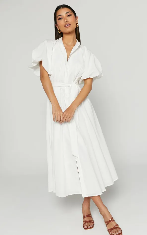 Showpo Sabrina Midi Dress 8211 Linen Look Raglan Sleeve Belted Dress In White Women Curve Clothes
