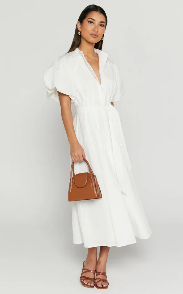 Showpo Sabrina Midi Dress 8211 Linen Look Raglan Sleeve Belted Dress In White Women Curve Clothes