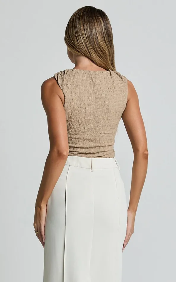 Showpo Sadie Top 8211 Sleeveless Textured Jersey Top In Sand Women Tops