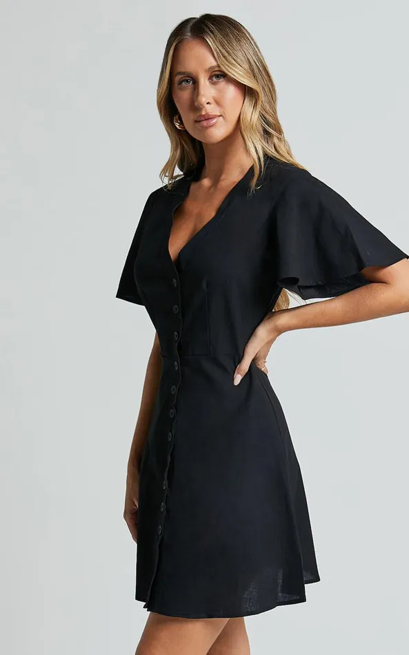 Showpo Sahar Mini Dress 8211 Flutter Sleeve Button Through Dress In Black Women Dresses