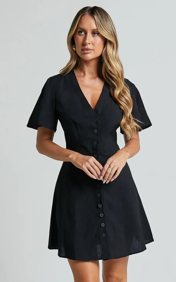 Showpo Sahar Mini Dress 8211 Flutter Sleeve Button Through Dress In Black Women Dresses